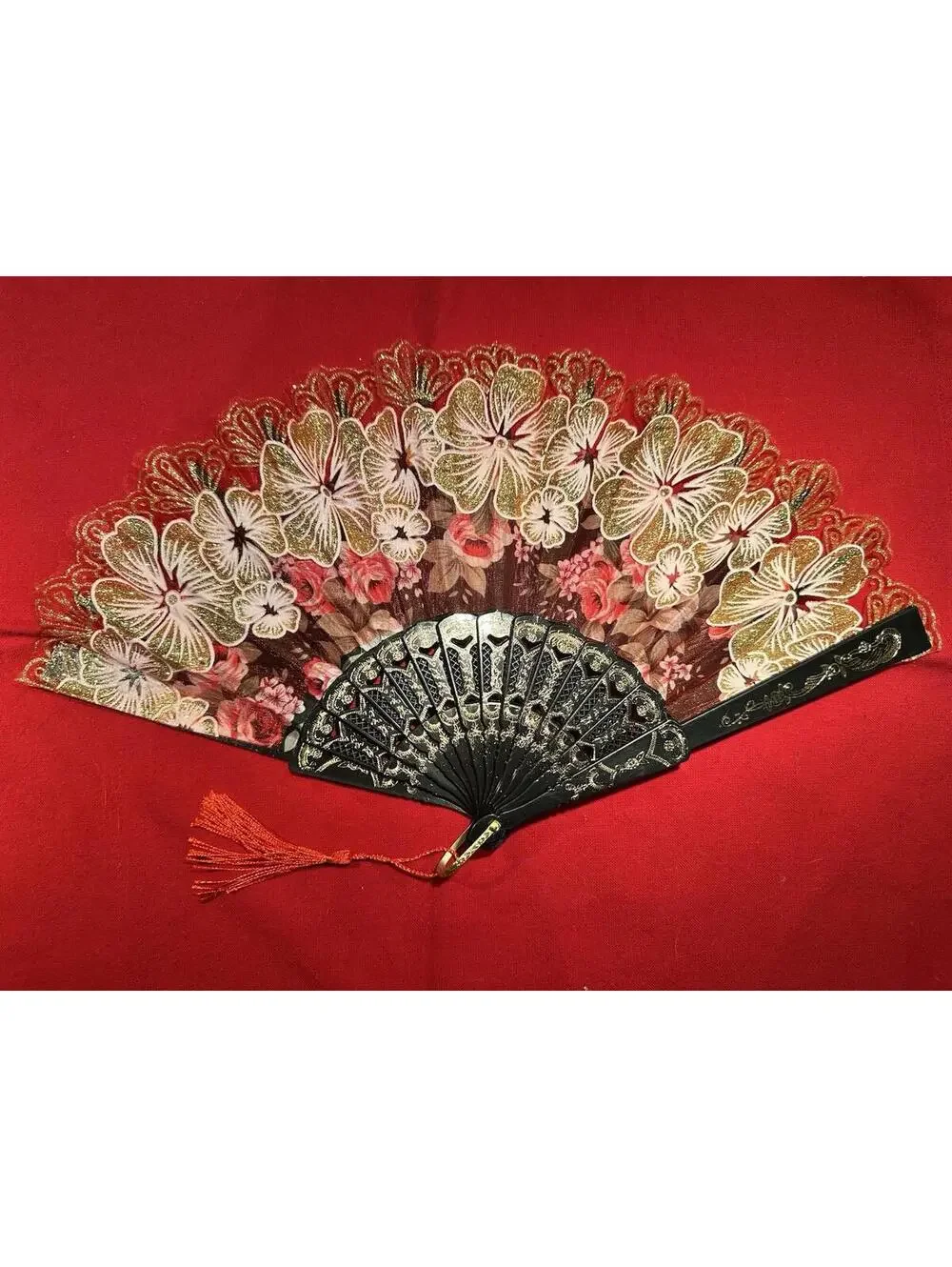 Vintage Floral Lace Hand Fan Gold Sparkle Elegant Spanish Folding Fan Red Tassel - Picture 3 of 4